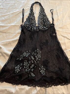 Frederick's of Hollywood Black Lace Halter Chemise